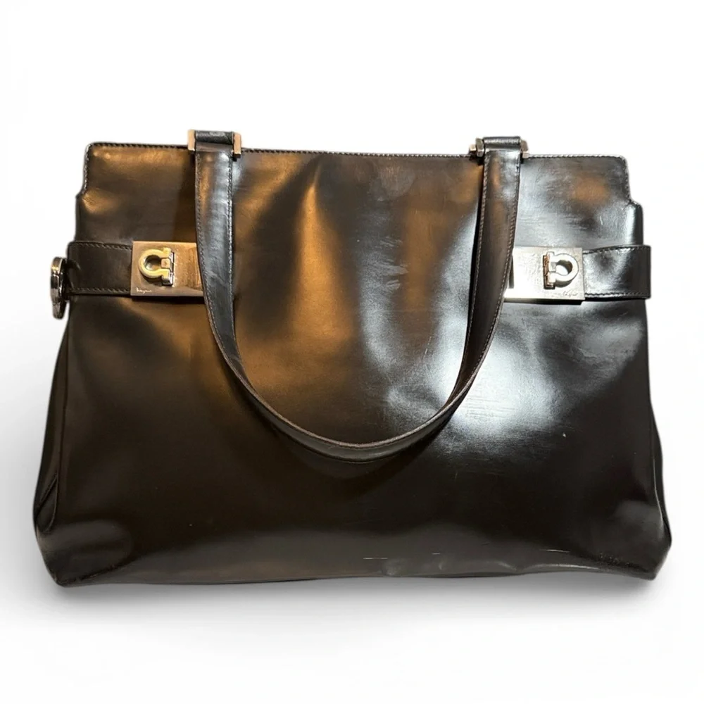 Ferragamo Black Leather Gancini Handbag Shoulder Tote - Picture 1 of 12